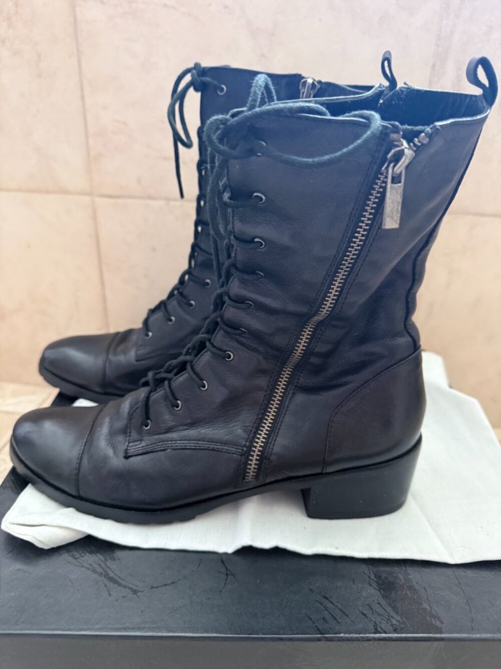 Dolce Vita Black Leather Combat Boots - 8